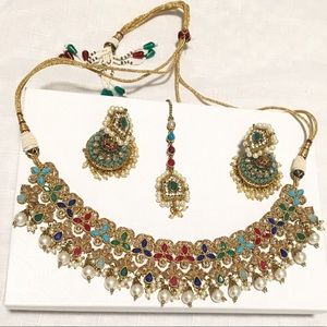 NWOT INDIAN MULTICOLOR MEHNDI WEDDING BRIDAL NECKLACE EARRINGS JEWELRY SET